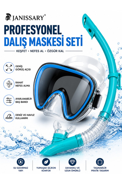 Janissary L1S Turkuaz Profesyonel Şnorkel Maske Seti – Temperli Cam Dalış Mas...