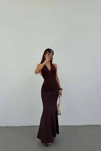 mylove V-Neck Front Gathered Dress Bitter Brown