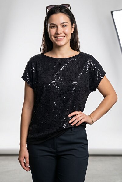 Maya Butik Siyah Sıfır Yaka Önü Payetli Abiye Bluz - 21971