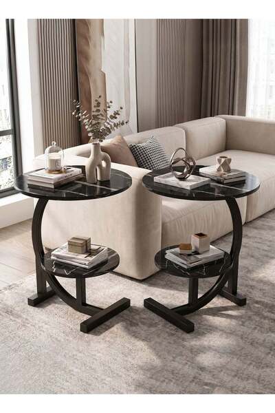 Taimi 2-pieces 2-Tier C-Shaped Side Table - Wooden Top and Metal Frame, Black...