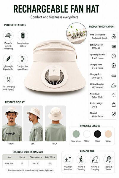 Unbranded/Generic Rechargeable Cooling Fan Hat Sun Visor Cap with USB Type-C ...