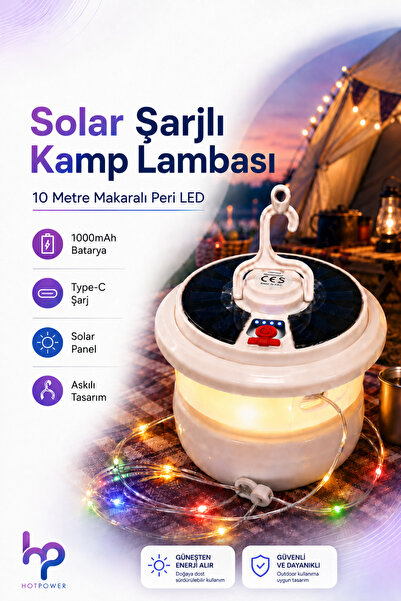 HOT POWER Solar Şarjlı Makaralı Peri LED Kamp Lambası Type-C Outdoor Çadır Ba...