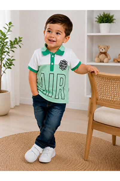 Chicsy Baby Baby Boy Polo Collar Printed T-Shirt Jeans Pants 2-Piece Set
