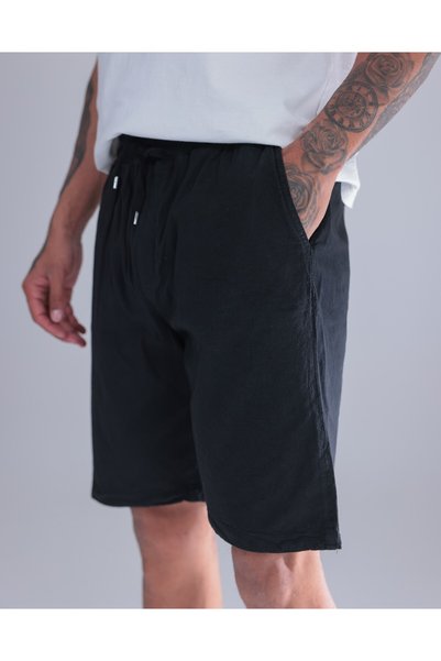 Siyah İz Men's Black Linen Shorts – Oversized Comfortable Summer Casual Shorts with Elastic Waist and Laces
