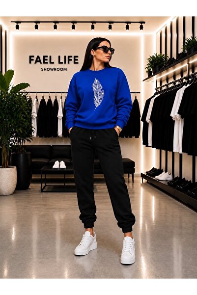 FAEL LİFE Unisex Wide Cut Zero Neck and Sweatpants Feather Printed Set