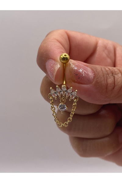 kurukafagift Zincir Sallantılı Zirkon Taşlı Göbek Çelik Piercing