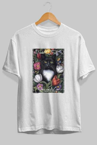 Ankhises For the Love of Cats 64 Front Cat Printed White Oversize T-Shirt 100...