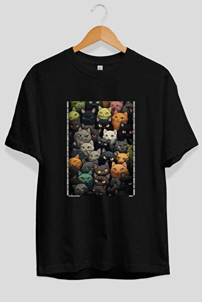 Ankhises Μπλουζάκι  "For the Love of Cats " με 120 σχέδια γάτας, μαύρο, overs...