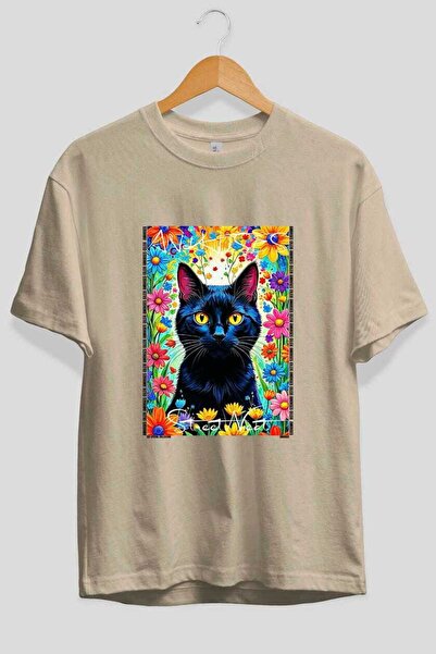 Ankhises For the Love of Cats 17 Front Cat Printed Beige Oversize T-Shirt 100...