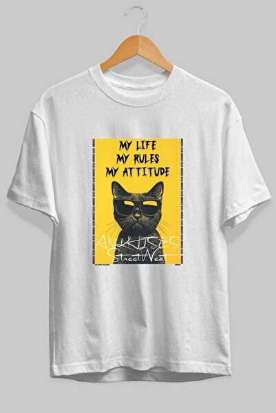 Ankhises For the Sake of Cat 112 Front Cat Printed White Oversize T-Shirt 100...