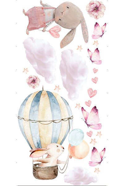 Naklejkomania Wall Stickers For Kids Pink Bunnies Balloons Clouds Butterflies...