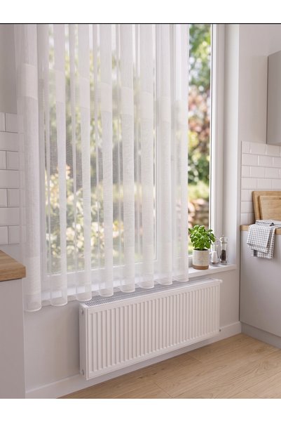 Evdepo Home Short Tulle Curtain with Honeycomb Top - Lavinya Ecru 1 to 2.5 Regular Pleats Non-Ironing Striped