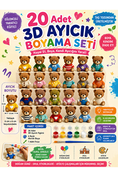 Misse 20 Adet (3D) Sevimli Ayıcık Taş Boyama Figür Çocuk Gelişimi Boyama Etki...