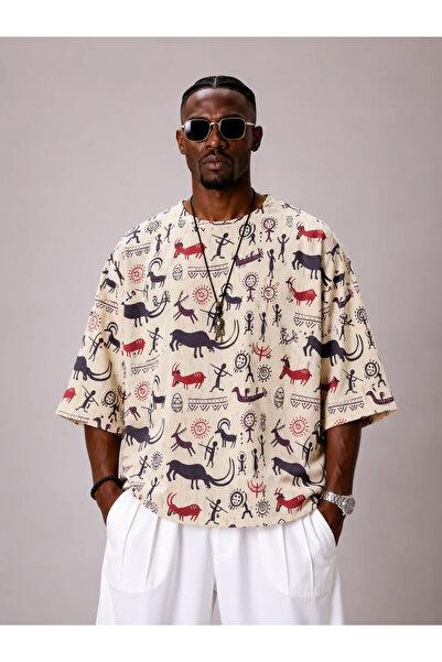FıttingRoom Oversize Cotton Linen Patterned Tshirt