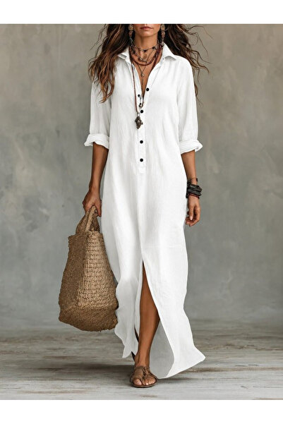 Generic Brand Women's long sleeve collared buttoned slit detailed long dress