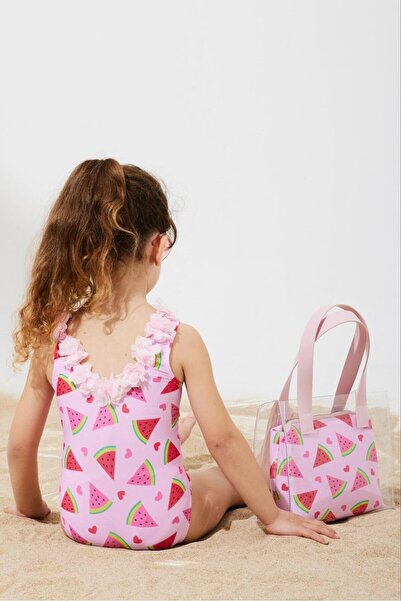 Momercy Kız Çocuk 3d Çiçekli Mayo & Plaj Çanta Set