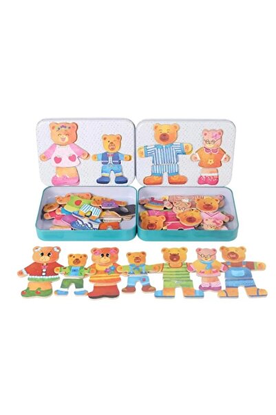 SARALMA Set educativ magnetic din lemn, puzzle cu ursuleti de imbracat, ideal...