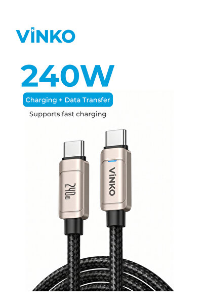 vinko كابل USB-C إلى USB-C بقوة 240 واط، طول 2 متر، شحن سريع ونقل بيانات بسرع...