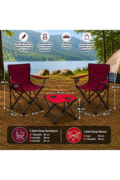 Trendinyeri Bordo Sandalyeli Kamp Seti – 2 Sandalye ve Kırmızı Masa
