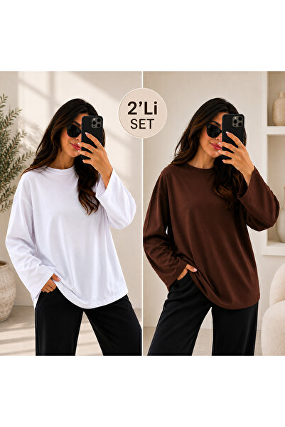 ELİSSE Kadın 2’li Set Oversize Basic Uzun Kollu Tişört Beyaz Kahve Salaş Raha...