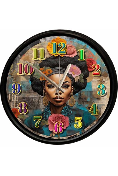 Caseras Ethnic African Woman Art and Flower Themed Decorative Wall Clock 28 c...