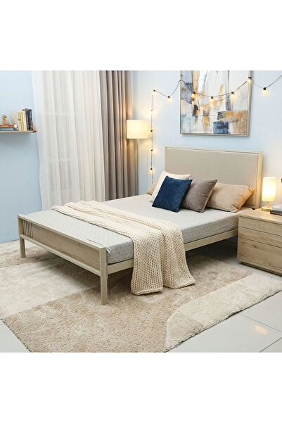 Danube Home سرير معدني بافاريا 90×200 مع لوح رأس مبطن |   إطار سرير خشبي مفرد...