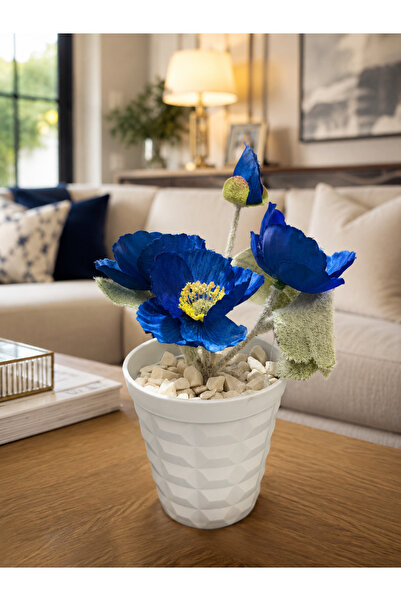 Lilac Home Yapay Çiçek Beyaz Saksı İçerisinde Koyu Mavi Gelincik