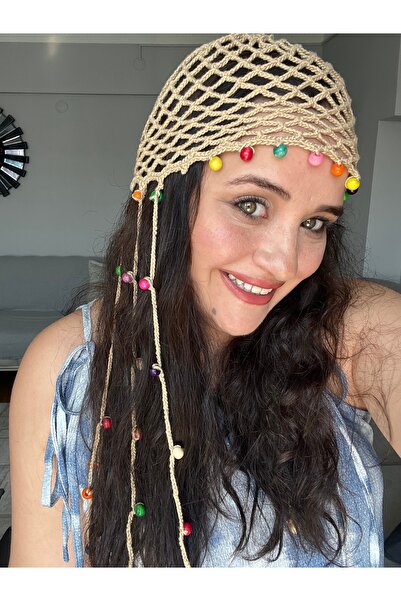 GUVDİN Handmade Knitted Bohemian Straw-Colored Mesh Summer Beret, Summer Hat,...
