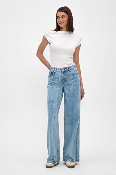 Kadın Wide Leg Jean Pantolon Açık Mavi Bağlama Efektli