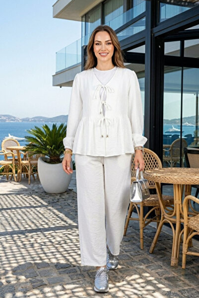 Hb Harma Time Butik Women's Tied Strawberry Fabric White Tunic Pants Double Set