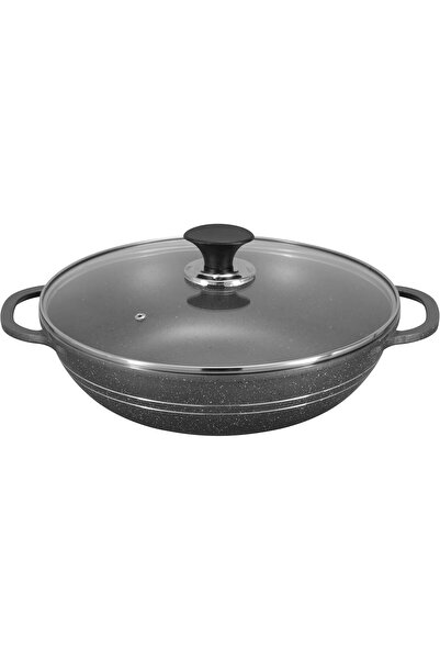 SONEX Cast Aluminum Karahi Pan with Glass Lid, 32 cm, Black Marble Style, Sui...