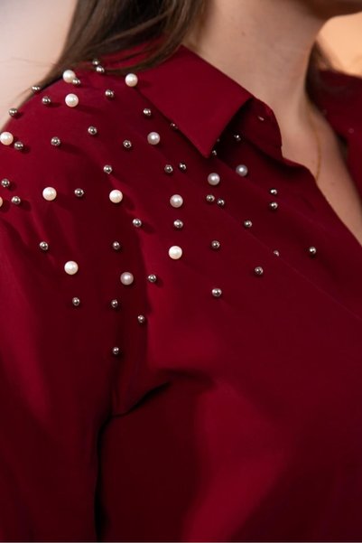 Roxxlen Women's Plus Size Pearl Stone Detailed Shirt