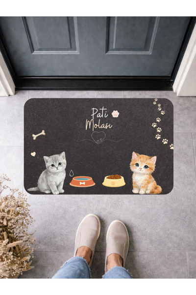BERT "Pati Molası" Kedi Desenli Kapı Önü ve Mama Kabı Altlığı Paspas 70x45 cm...