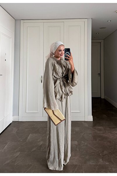MODA S&S BZLİNE بدلة كاجوال بتفاصيل ربط مزخرفة على الطراز البوهيمي، لون إكرو
