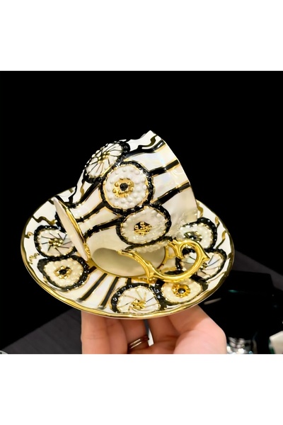 BY.RAYKA PORSELEN El Dekor Blackwhite Porcelain Hand-Painted Double Cup
