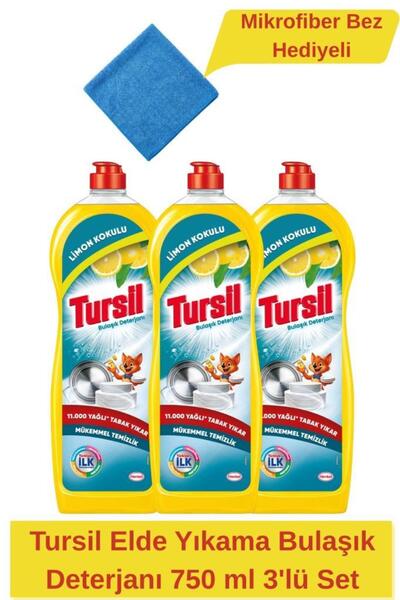 Tursil Elde Yıkama Bulaşık 750 ml 3'lü Set + Mikrofiber Bez Hediyeli