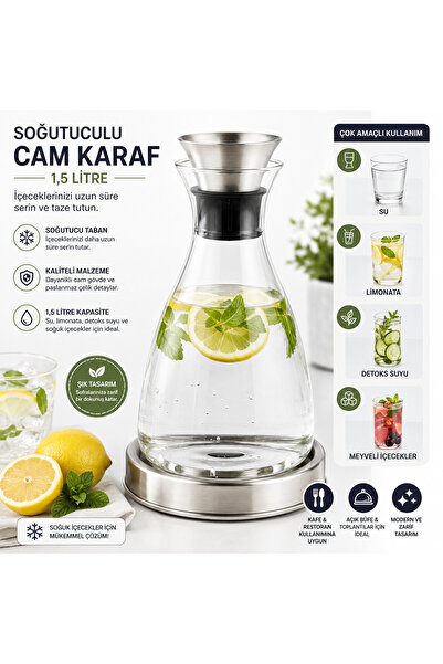 Biradlı Soğutuculu Cam Karaf 1,5 Litre – Paslanmaz Çelik Tabanlı Şık Su Sürahisi