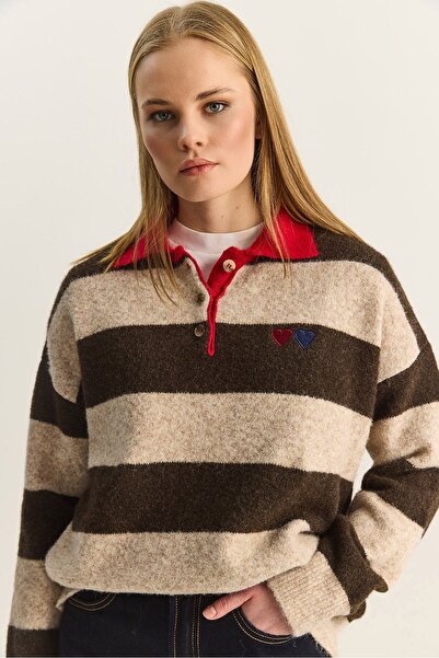 Hiccup Pulover LUCCI supradimensionat cu guler polo și dungi și broderie