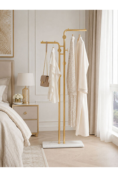 EqiEch 170CM Freestanding Clothes Hanger, Modern Gold Metal Hanger, Double-Ro...