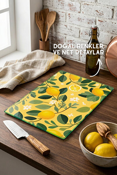 Nandy Home Limon Desenli Cam Kesim Tahtası - 25x35cm -Dayanıklı ve Pratik Kesim Matı