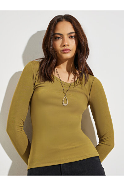 Styli Olive Round Neck Ribbed Knit Top