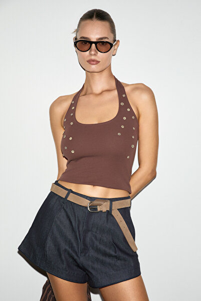 GRIMELANGE Perlas Women's Soft and Flexible Fabric Slim Fit Brown Blouse with...