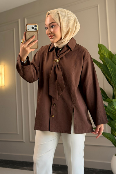 Suede Style 6463 - Стилна, удобна дамска риза от тъкан плат в цвят праскова с...