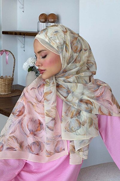 Hazamoda Lily Silk Patterned Shawl Beige