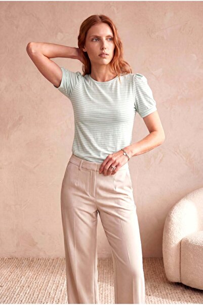 WESTMARK LONDON Women's Green Striped Viscose Blend Regular Fit Crew Neck Sho...