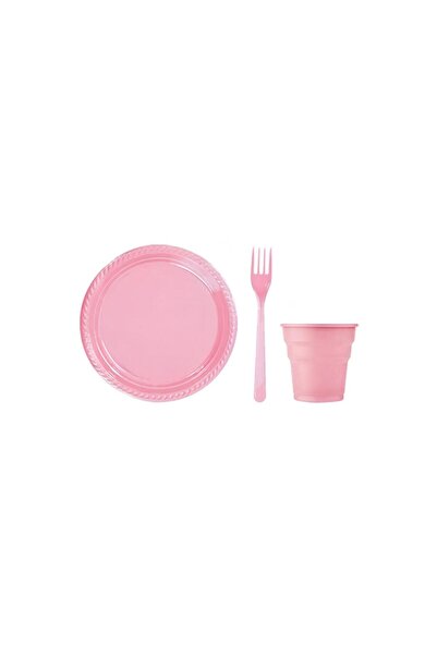 RÖNESANS PARTİ Pembe Renk 25'li Plastik Tabak Bardak Çatal Seti