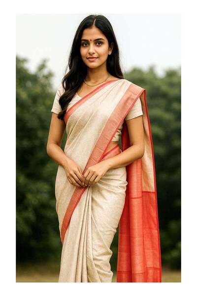 Silk Nagri Banarasi Semi Tanchoi Silk Saree Cream & Red Contrast with Brocade...