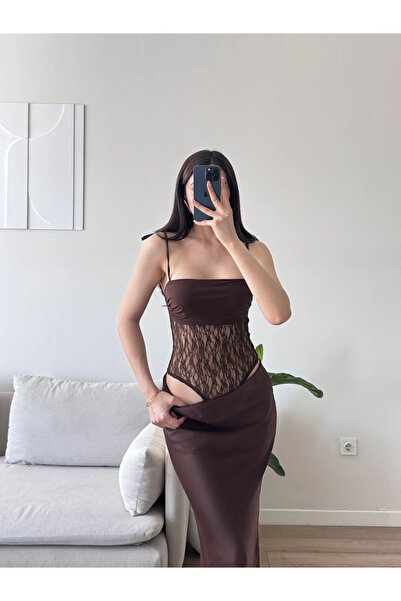 Zoom Butik Askılı Güpürlü Bodysuit - KAHVE