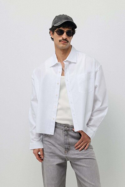VAMOSCLO Keten Boxy Fit Crop Gömlek Beyaz