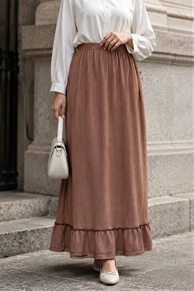 İmajButik Mink Skirt with Ruffles at the Hem and Elastic Waist